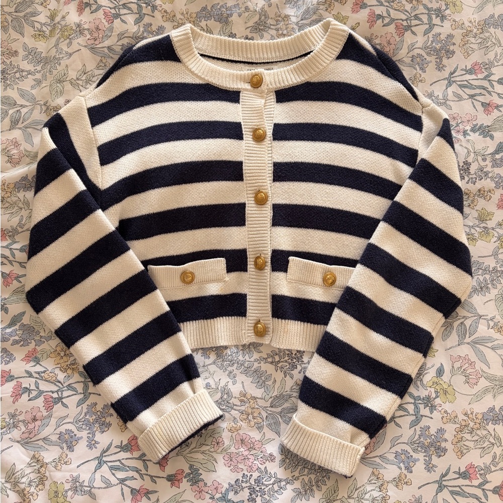Striped Navy and White Button-Front Cropped Sweater